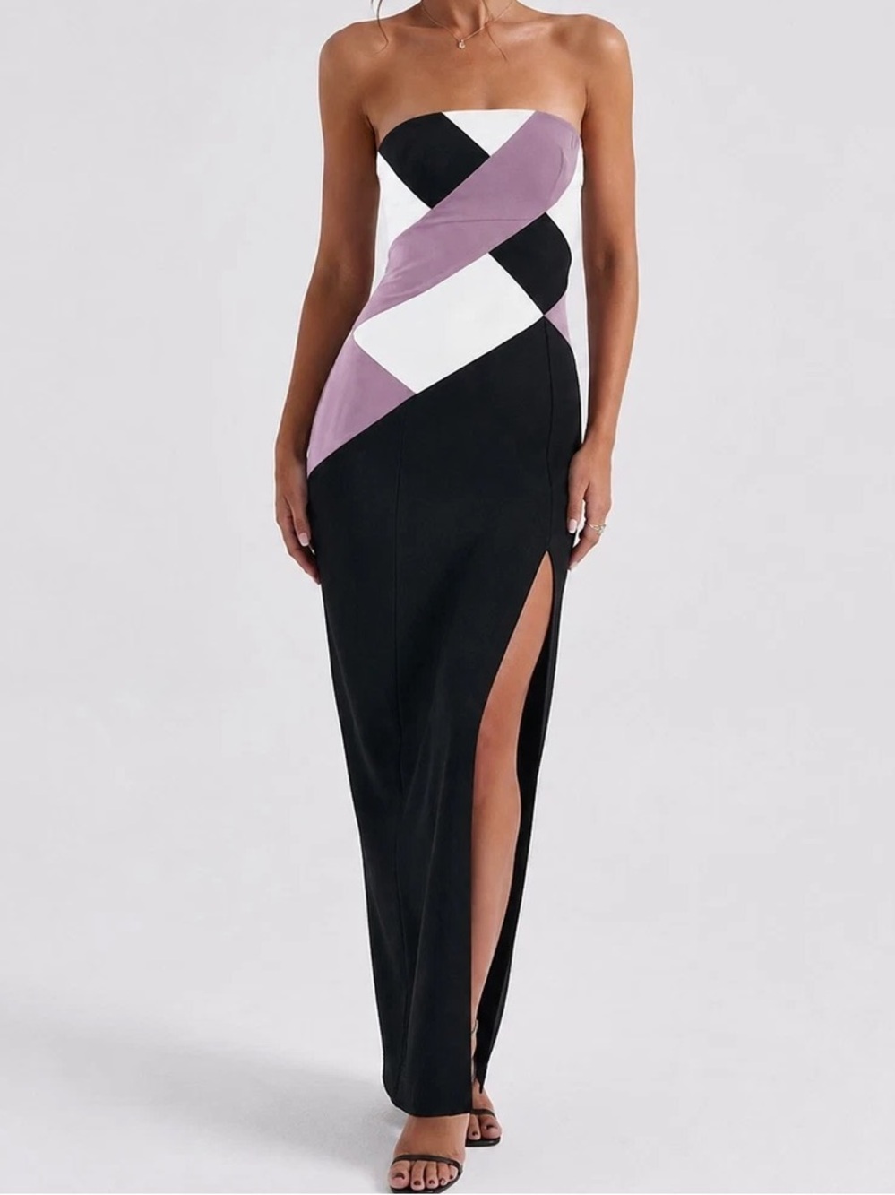 Vintage Jessica McClintock Strapless Maxi Dress Size 2 Black Purple Side Slit